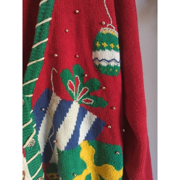 Vintage Lauren Gayle Petite Women's L Red Christmas Cardigan W/ Teddy Bear - Picture 6 of 8